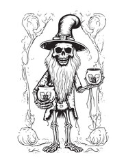 Horror gnome vector doodle illustration, coloring page for adults