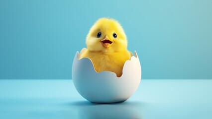 A small chicken in an eggshell on a blue background	