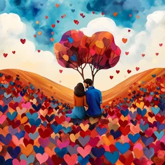 Foto auf Glas Couple in a landscape made of hearts, romantic illustration for valentine's day © Alguien