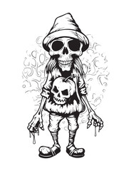 Horror gnome vector doodle illustration, coloring page for adults
