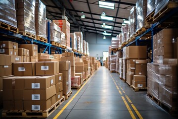 a huge warehouse of a transport company with high racks, parcel loaders work in the warehouse