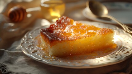 Piece of tasty cheesecake with honey on the plate, closeup
