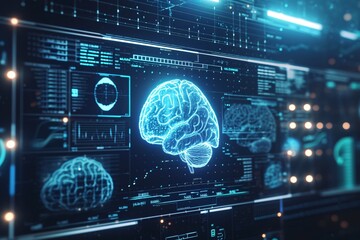 A 3D Brain Model with Blue Lights Generative AI - obrazy, fototapety, plakaty