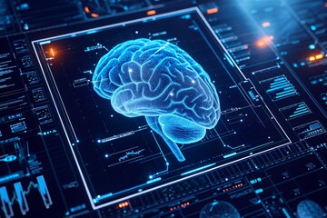 A 3D Brain Diagram with Blue Lights Generative AI - obrazy, fototapety, plakaty