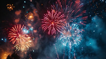 Festive display of red, white, and blue fireworks illuminating the dark sky, symbolizing patriotism and marking a special occasion. Blurry foreground.