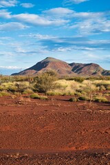 Portrait shot of a beautiful mountain landscape in Karijini National Park, Western Australia. Red-colored soil of the Australian outback in front of a bushland and mountains in the background. 