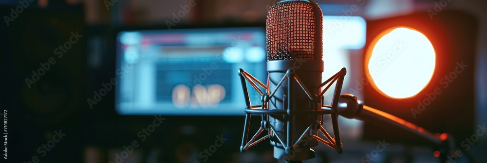 Poster professional podcast microphone against blurred background with digital sound wave monitor