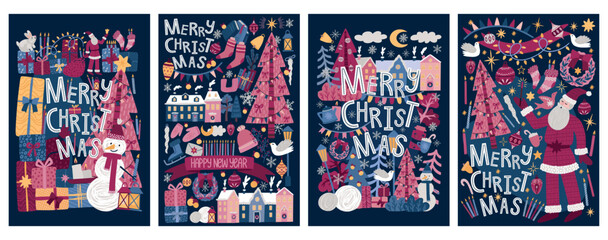 New year cards. Merry Christmas pattern with winter tree and happy doodle animals, Santa Claus and snow man, abstract ornaments. Holidays banners or greeting posters set. Vector illustration