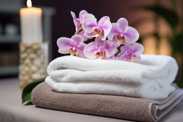 Obraz na płótnie Canvas Experience serenity in this spa setting, where the massage table with soft towels and delicate flowers offers a peaceful escape for wellness and rejuvenation.