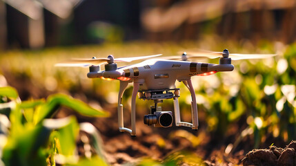 Professional drone in flight: A high-tech aerial vehicle with a camera for remote-controlled photography and surveillance