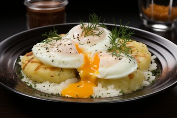 freshly cooked breakfast of eggs, cottage cheese, cereals on a dark background