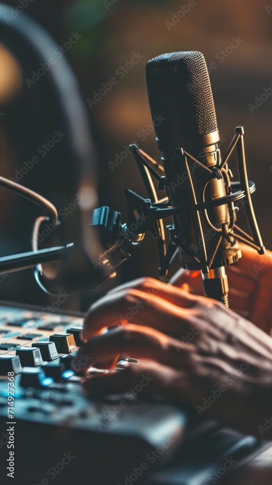Poster Focused podcast host with professional microphone and keyboard, recording session