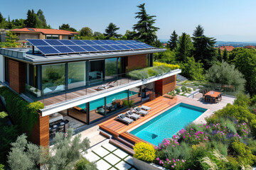Fototapeta na wymiar high view of a modern villa with solar panels, big flowers garden, and a pool