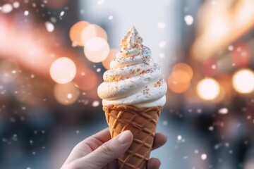 American soft ice cream cone with carnival lights bokeh background, Sweet vanilla ice-cream dessert gelato - obrazy, fototapety, plakaty