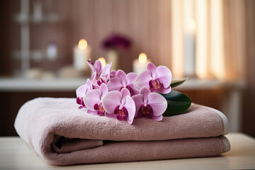 Indulge in the soothing spa atmosphere depicted here, with a massage table elegantly set with towels and flowers, offering a sanctuary for relaxation and peace.