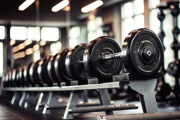 Physical fitness with this gym interior featuring a fitness rack and dumbbells, ideal for strength...