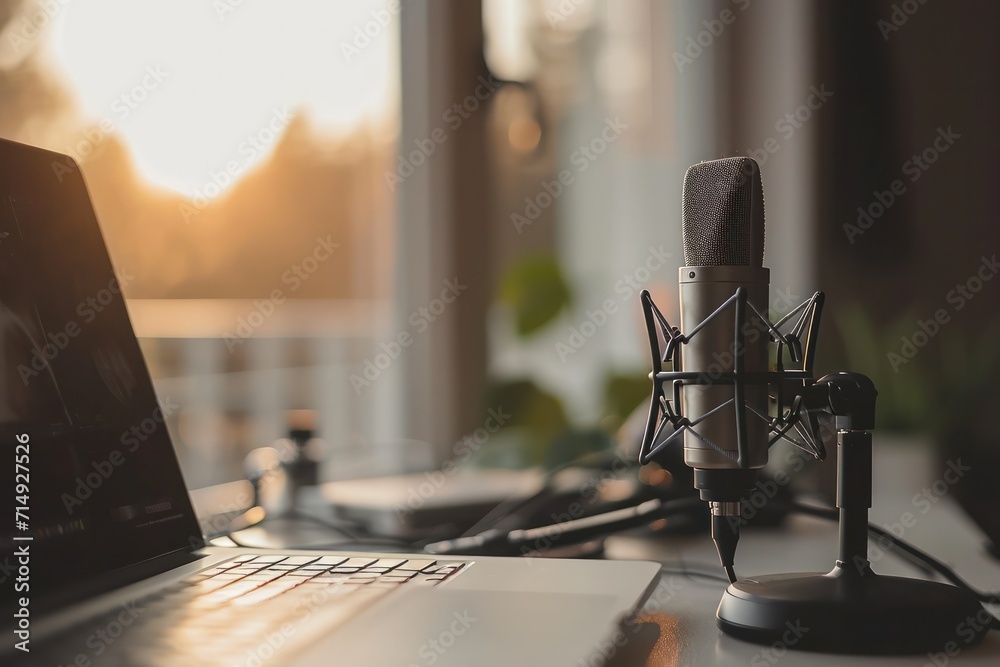 Poster podcast microphone with sunset backdrop, creating a natural and serene recording atmosphere