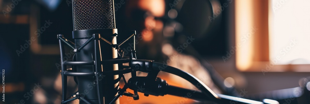 Poster Studio microphone with pop filter, backlit by studio lights, capturing podcast recording session
