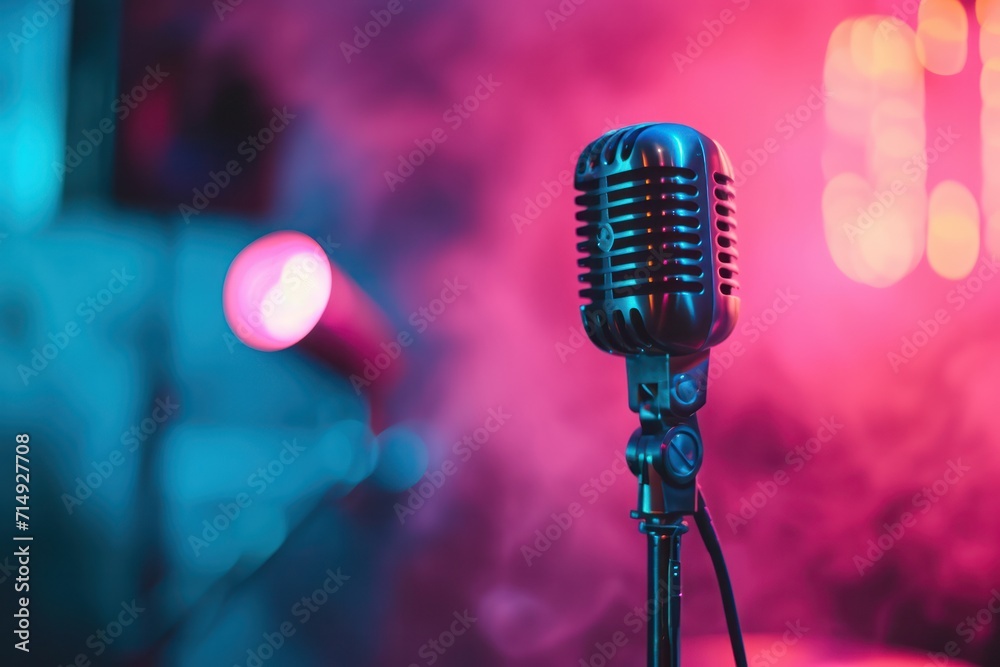 Poster retro microphone with colorful bokeh lights, capturing a classic music recording ambiance