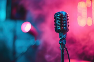 Retro microphone with colorful bokeh lights, capturing a classic music recording ambiance