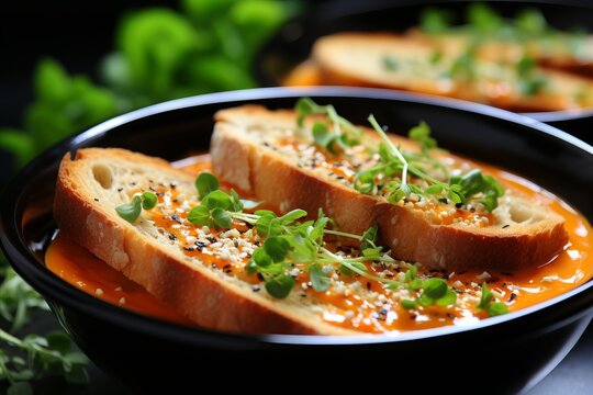 Bowl of tasty tomato soup with microgreen on table, closeup - Powered by Adobe