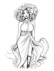 Beautiful woman vector illustration, fashion coloring page for adults