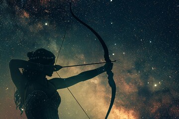 A woman with a bow and arrow in a dark, starry sky Generative AI - obrazy, fototapety, plakaty