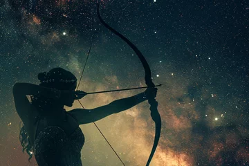 Fotobehang A woman with a bow and arrow in a dark, starry sky Generative AI © Bipul Kumar