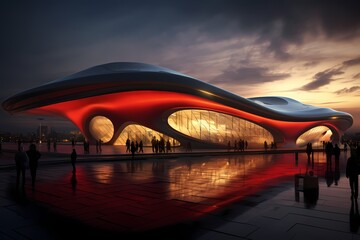 A futuristic train station with sleek architecture, surrounded by a gradient sky transitioning from dusk to night.