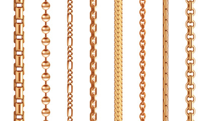 Golden chain. Gold necklace jewelry. Shiny precious metal border ornament or pattern. Luxury iron objects and fashion link decoration. Jewel accessory. Vector isolated elements set