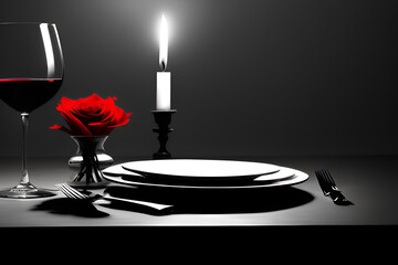 Elegant Romantic dinner setting with glass of red wine with red rose and lit candle for lovely valentines day anniversary special celebration concept comic style