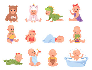 Cute baby. Newborn toddler. Infant character sleeping or bathing. Happy boy in diaper. Family small kid care. Girl playing with toy. Children poses or actions set. Vector illustration