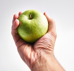 A man's hand holding a fresh green apple against a white background, exemplifying health and simplicity.