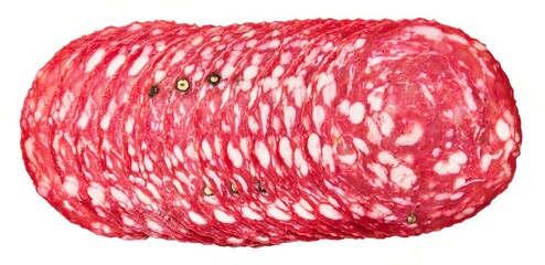 Slice of red salami with white fat and black peppercorns on a white background, depicting italian...