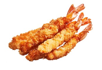 Crispy breaded shrimp isolated on a white background representing delicious seafood cuisine.