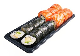 Sushi set with salmon, avocado, and rice on a black tray isolated against a white background.
