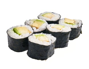 Sushi rolls with avocado and fish on a white background depict traditional japanese cuisine.