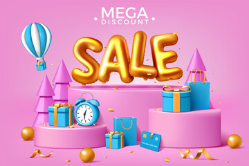 3d sale. Shop bag, podium with gift box, event stage with balloon elements, promotion confetti. Pink background, golden text. Advertising promo. Vector discount poster or promo web banner