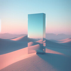 Sunrise and sunset, moon and a frame, a surreal sphere displays desert and ocean views reflecting from the mirror framed in sculpture generated ai