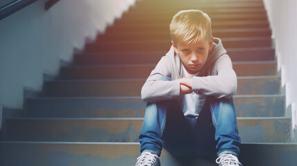 Bullying concept, Depressed boy sitting alone at stairs, Victim of school bullying, Stress and...