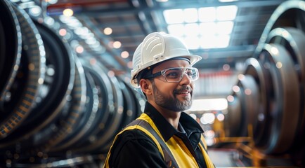 Portrait of a confident male engineer standing in a factory. He is looking at the camera and smiling.