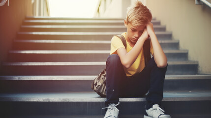 Bullying concept, Depressed boy sitting alone at stairs, Victim of school bullying, Stress and mental problems in childhood - obrazy, fototapety, plakaty