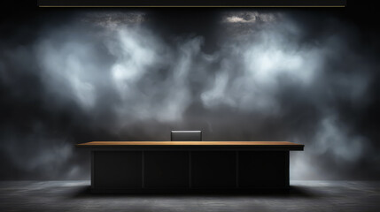 Empty dark workroom with a chair, interrogation room, dark wall concrete, studio room, with smoke float up and interior texture for display products, wall background and spotlight.