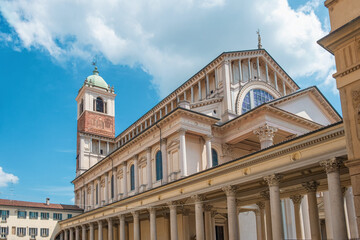 Novara cathedral on Piazza della Repubblica square, Piedmont, Italy. Cattedrale di Santa Maria Assunta with colonnade gallery. Travel destination