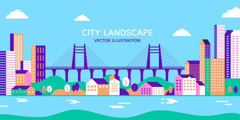 City buildings. Green town cityscape with skyline and urban trees, urban environment, river home and lake at park. Modern architecture. Midtown landscape. Day panorama. Vector flat background