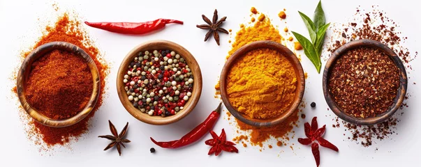 Poster Various colorful spices and herbs are arranged in a neat row on a white background. © Александр Марченко