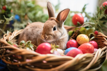 Fototapeta na wymiar An intimate Easter moment with a young rabbit nestled in a basket among freshly painted red and yellow eggs