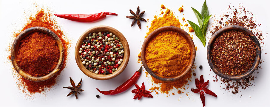 Various colorful spices and herbs are arranged in a neat row on a white background.