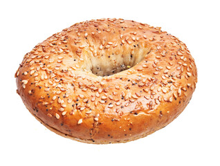 Close-up of a freshly baked sesame bagel isolated on a white background, perfect for a breakfast or snack theme.