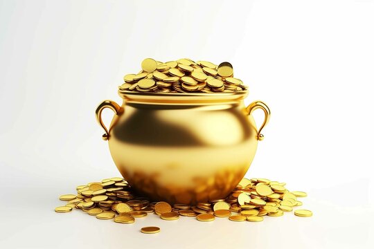 gold coins inside a pot of gold, white background 